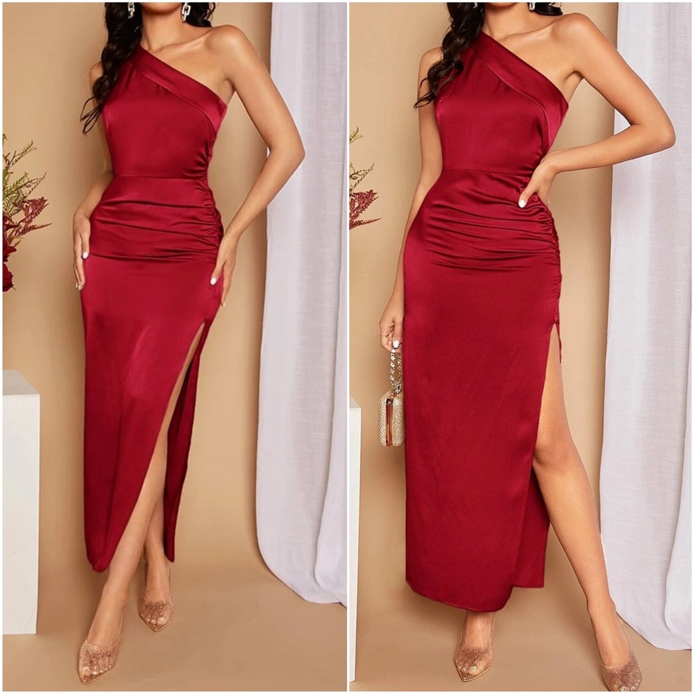Luxe One Shoulder Satin Formal Evening party Dress - Picture 5 of 8